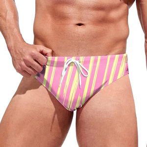 Calções masculinos moda coreana briefs maiô juventude elegante listrado impressão cintura baixa cordão roupa de banho praia férias troncos