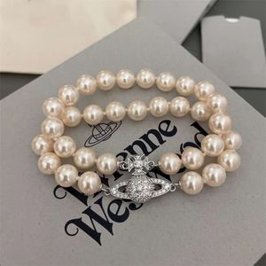 Designer Viviane Westwood high Editionempress Dowager Saturn Bracelet Elegant Double Layer Pearl Shining Full of Diamond Planet Magnetic Buckle