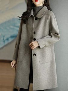 韓国のファッションウールコート2023秋と冬のレトロな女性のスリムな気質シングルブレスト長さのツイードウールコート240122