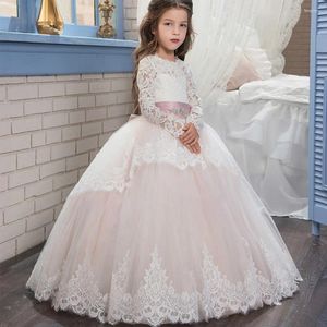 Vestidos de menina flor longa para casamentos mangas de renda elegante luxuoso vestido de princesa de casamento infantil eid