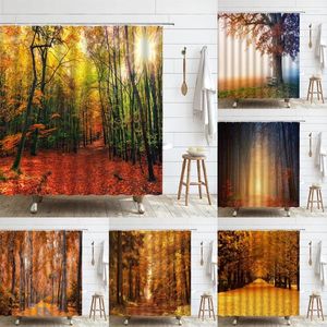 シャワーカーテン秋の森のカーテン秋のカエデの木黄色の倒れた葉森林太陽自然景色の浴室の装飾セット