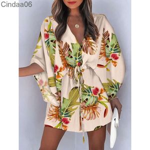 Vestido feminino de verão, manga voadora, gola v, renda, estampa, saia de praia, férias, sexy, mini vestidos, robe, mulheres, vestidos soltos, roupas