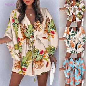 Vestido de verão feminino mangas voadoras com decote em v rendas até impresso saia de praia férias sexy mini vestidos robe mulher vestidos soltos outfits