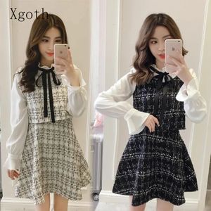 Damer Set Half High Collar Fake Two Piece Shirthigh Midje Plaid kjol Elegant liten doftstil Tvådel kvinnokläder 240124