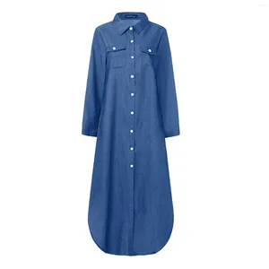 Casual Dresses Women Business Solid Lapel Collar Daily Maxi Dress Front Buttons Denim Blue Fashion Loose Long Sleeve Soft Holiday