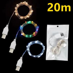 20M USB LED LED أضواء النحاس الأسلاك الفضية النحاس ضوء مصابيح الجنية المضادة للماء لعيد الميلاد زخرفة حفل زفاف