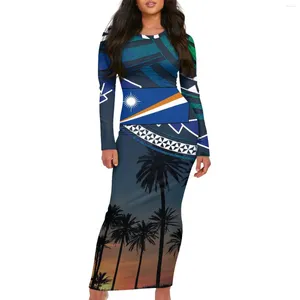 Casual Dresses Polynesian Marshallese National Style Autumn Vintage Coconut Tree Prints Women mode Sexig långärmad miniklänning O Neck
