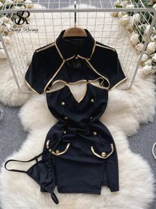 Singiny feminino uniforme pornô ternos sexualidade mulheres botões de bolso dividir mini dressthongs cosplay erótico sexy nightsuit 240122