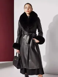 Женское кожаное съемное роскошное меховое воротниковое пальто из натуральной овчины, тонкое зимнее модное офисное женское элегантное длинное пальто из овчины