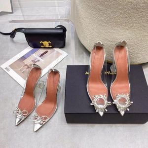 Dress Shoes Women Wedding Crystals High Heels Amina Muaddi Begum PVC Pump Transparent Plexi Heel Sunflower Diamond Bow Pointed Toe