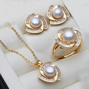 Sets Fashion Natural Freshwater Pearl Necklace Earrings Sets Women,Gold Plated Real Pearl Chain Necklace Ring Jewelry Sets Wedding