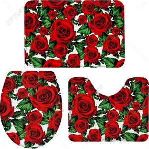 Bath Mats 3 Piece Bathroom Rug Set Valentine's Day Flowe Red Rose Flower Includes U-Shaped Contour Mat Non-Slip Absorbent