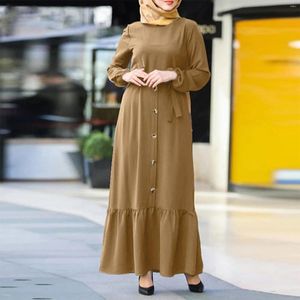 Abiti casual Abito musulmano a maniche lunghe da donna Pullover vintage Abaya Abiti da preghiera Pieghe volant floreali