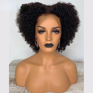 Parrucche corte per capelli umani Parrucca riccia afro crespa Parrucca anteriore in pizzo brasiliano per capelli Colore F1B / 99J Parrucche corte per le donne nere Spedizione gratuita