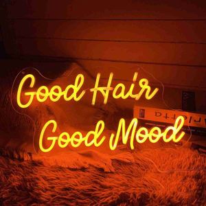 LED-Leuchtreklame „Good Hair Good Mood“, Leuchtreklame für Friseursalon, LED-Leuchtreklame, Licht für Friseursalon, Styling, Haarschnitte und Rasur, hängender Friseur YQ240126
