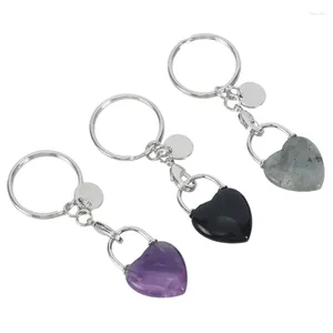 Keychains Natural Stone Keychain Key Ring Healing Heart Lock Crystal Charm Reiki Chakra Quartz Holder Jewelry for Women Men
