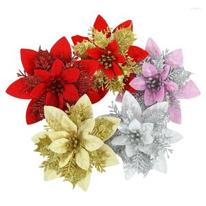 Kwiaty dekoracyjne 5pcs Boże Narodzenie sztuczny brokat głowy kwiatowe Święte ozdoby drzewne Wesołych dekoracji na wieniec na rok domowy