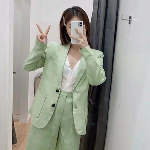 Damenanzüge Frühling Sommer Leinen Casual Blazer 2024 Frauen Grün Einreiher Pendeln Büro mit Tasche Dame Student Formelle Kleidung