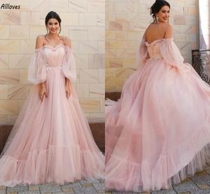 Blush Pink Puff Long Sleeves Prom Dresses Lace Appliqued Romantic Tulle Fairy Formal Evening Gowns Plus Size Pleats Second Reception Birthday Party Dress CL3250