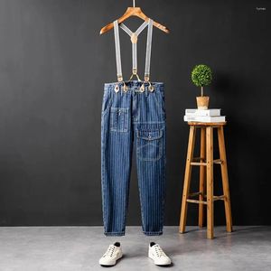 Jeans masculinos americano rua retro nostálgico listrado 2024 unisex fino ajuste removível workwear casual solto suspensórios estudante macacão
