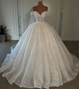 2024 Blowly Princess Wedding Sukienka ślubna z ramion Puffy koronki w górę suknie ślubne w piłce nałogowej cekiny Princess Bride sukienki Vestido de noivas