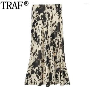 Saias Imprimir Midi Saia Mulher Cintura Alta Longa para Mulheres Vintage Cetim Elegante Social Mulheres Primavera Flare