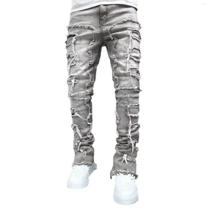 Jeans masculinos high street branco empilhado esticado retalhos borla danificado denim calças de comprimento total hip-calças para masculino