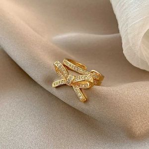 Band Rings Vintage Bow Tie Zircon Adjustable Rings for Women Stainless Steel Gold Color Wedding Rings Female Aesthetic Jewelry 240125