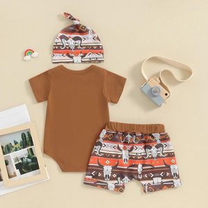 Clothing Sets Baby Boy Western Clothes Born Cowboy Short Sleeve Letter Romper Cow Print Shorts Hat 3Pcs Summer Boho Outfits