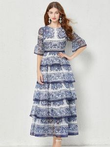 Party Dresses Fashionable Layered Cake Layer Summer Dress Gorgeous Blue And White Porcelain Printed Ruffle Flare Sleeves Chiffon 2024