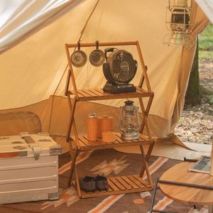 Mobília de acampamento Prateleira de bambu para acampamento, rack dobrável ao ar livre, 3 camadas, 4, armazenamento dobrável, mesa portátil, sapato de flores