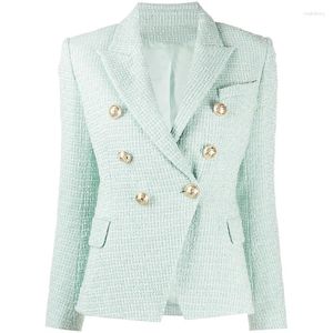 Suits Women High Street EST 2024 Designer Kurtka klasyczne metalowe guziki podwójnie piersi Tweed Blazer Mint Green