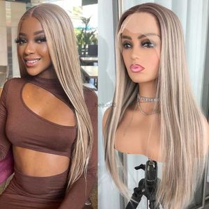 Cosplay Wigs Highlight Blonde Platinum Straight Lace Front Wig Synthetic Hair for Women Glueless Lace Frontal Wig Pre Plucked Blonde Colored