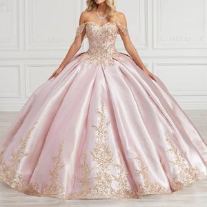 Luxury Pink Shiny Quinceanera Dresses 2024 Gold Lace Appliqued Beads Crystal Off the Shoulder Ball Clow Sweet 15 Vestidos de