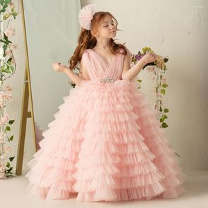 Vestidos de menina flor vestido rosa em camadas com decote em v tule sem mangas casamento elegante criança primeira eucaristia festa de aniversário