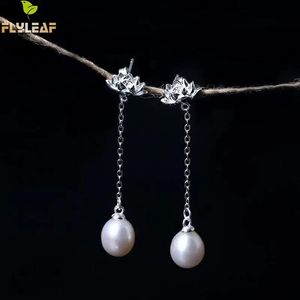 Charm Flyleaf 100% Sterling Sier Freshwater Pearls Lotus Flower Long Tassel Earrings Chinese Style Lady Fashion Jewelry