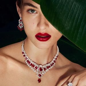 Ställer in Classic Lab Ruby Diamond Jewelry Set 14K White Gold Wedding Earrings Chocker Necklace For Women Bridal Engagement Jewelry Gift