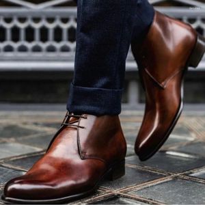 Boots Brand Design Men's Ankle Fashion Chunky Heels Lace-up Casual Business Shoes For Man Party Wedding Retro Male