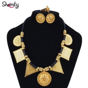 Charm Shamty Habesha Set Woman Pure Gold Color Leather Rep Diy Jewelry Set African Etiopian Eritrean Halsbandörhängen Ring A30039