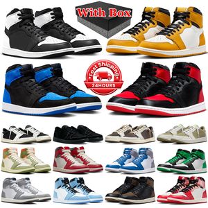 With box 1 jumpman 1s basketball shoes men women Black Phantom Olive Yellow Ochre UNC Toe Satin Bred Lost and Found Reverse Panda mens trainers outdoor sports sneakers