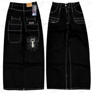 Herr jeans spindel tecknad mönster broderade jeans kvinnor 2023 sommar ny svart gata casual jeans hip hop kvinnor höga midja breda ben byxor t240126