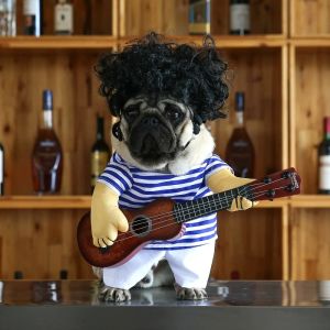 Kabartma komik evcil hayvan gitarist cosplay köpek kostüm gitarist giyinme parti cadılar bayramı yeni yıl kıyafetleri küçük fransız köpek kedileri 3