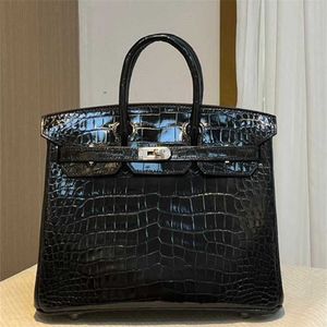 Designer Crocodile Leather Handbag Handmade 7A Cowhide High gloss black 25Cm women's hand sewn homeTJFO