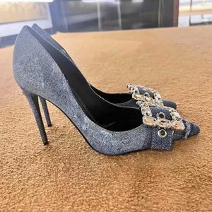 Sandals 2023 New Blue Denim Pumps Square Buckle Rhine-diamond High Heels For Women Slim Pointed Head Girl Sexy Women's Single Shoe J240126