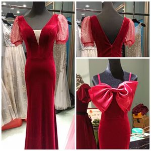 Real Pictures Wine Evening Dresses Mermaid Party Prom Gowns V-Neck Short Sleeves Velvet