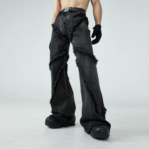 Мужские джинсы 23 F/W с начесом, свободные строчки, основной цвет, черные хлопковые брюки Bootcut, брюки High Street Jean