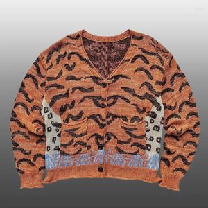 Men's Sweaters Korean Knitted Jacket Men Cardigan Orange Tiger Print Pattern Casual Knit Sweater V-neck Long Sleeve Clothing