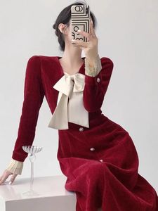 Casual Dresses Red Velvet Dress For Women'S 2024 Autumn/Winter High End French Vintage Spliced Bow Unique Mid Length