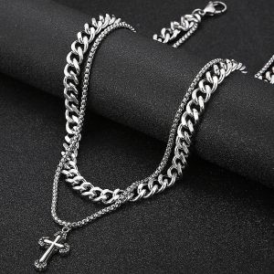 Cross Charm Wisiant Naszyjnik dla mężczyzn podwójna warstwa 14k biały złoty łańcuch szyi