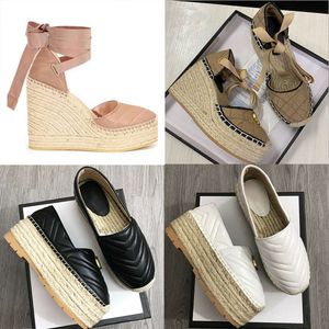 2024 Designer Womens Wedge Plataforma Sandálias Espadrille Sapatos Real Couro Tornozelo Lace-up Matelasse Espadrille Senhoras Salto Alto Com Caixa No037